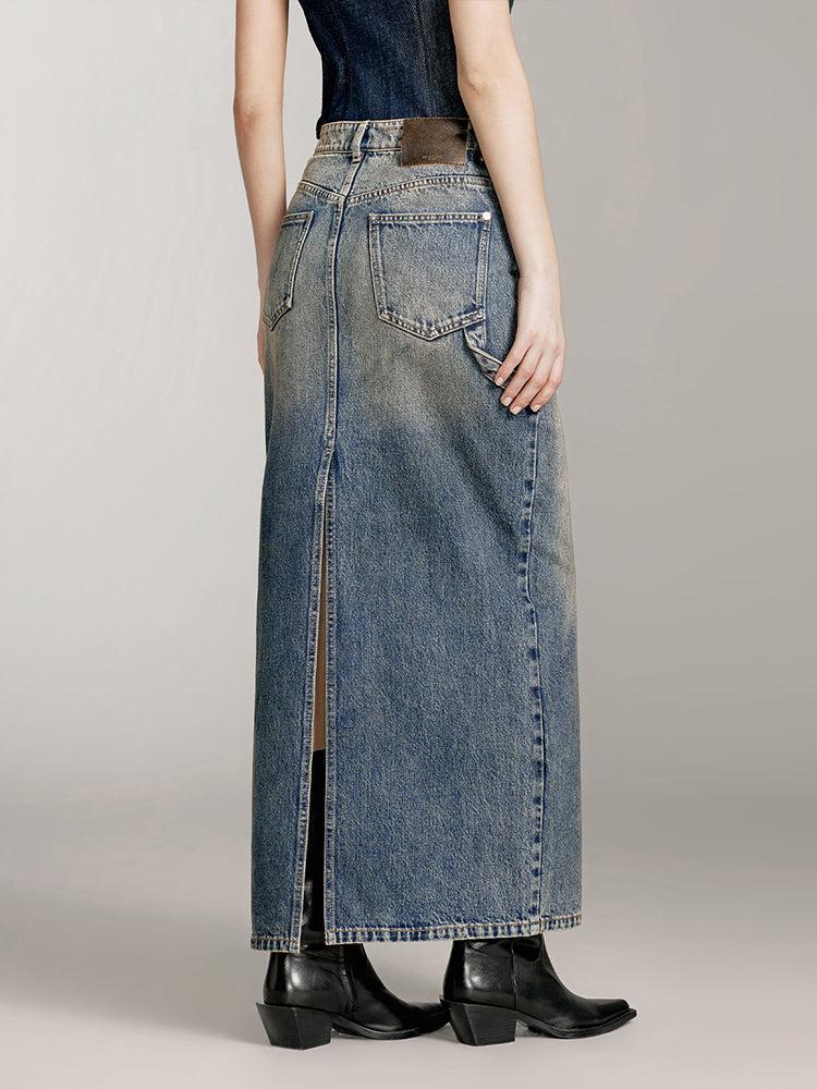 Miss Sixty SLIT DENIM MAXI SKIRT GREY BLUE