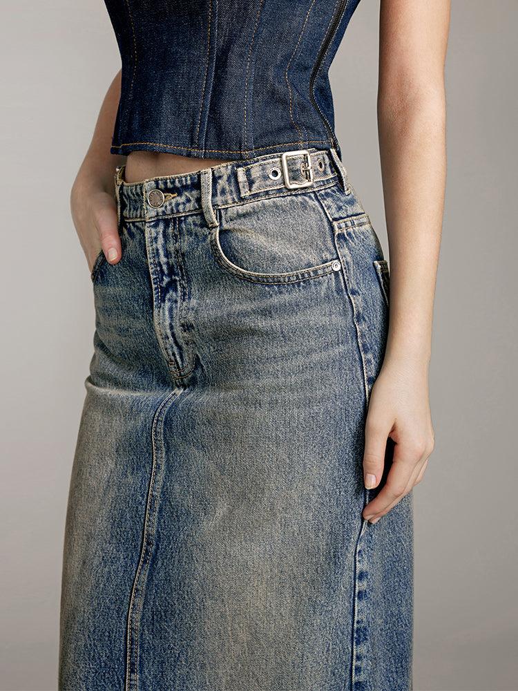 Miss Sixty SLIT DENIM MAXI SKIRT GREY BLUE