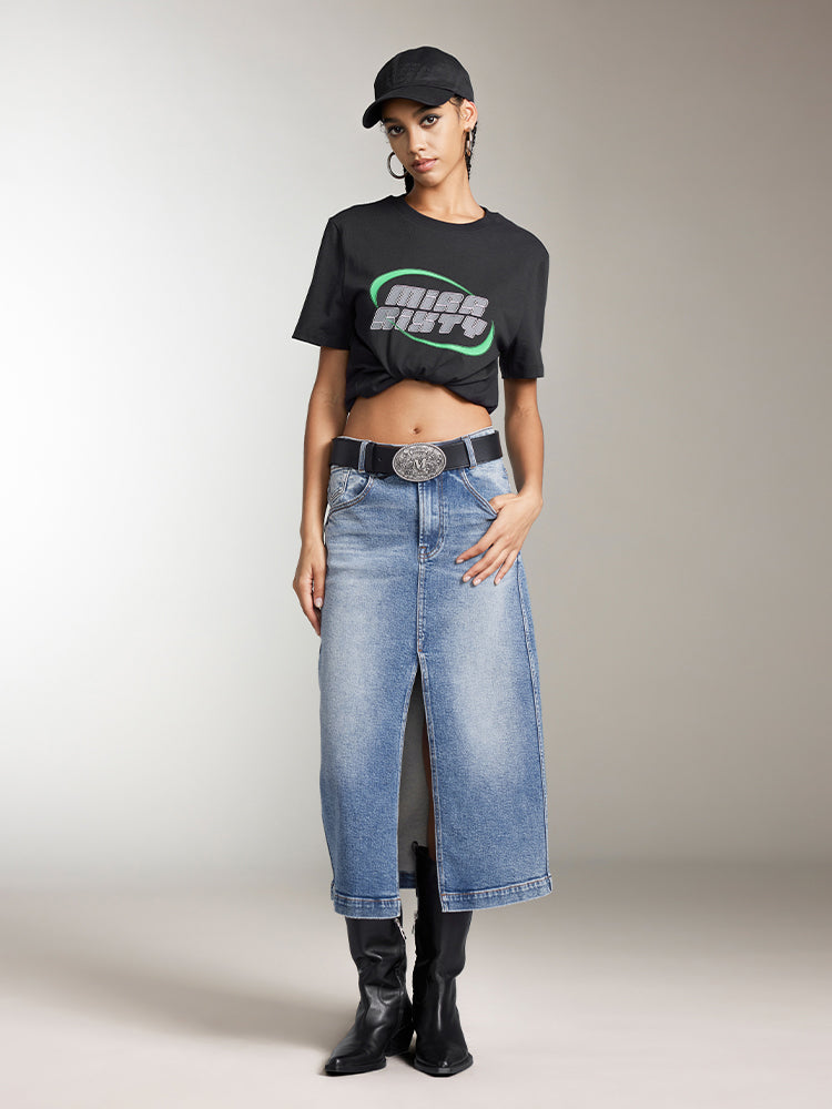 Miss Sixty SLIT DENIM MAXI SKIRT IN BLUE DEEP BLUE