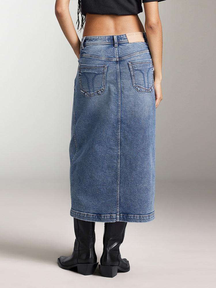 Miss Sixty SLIT DENIM MAXI SKIRT IN BLUE DEEP BLUE