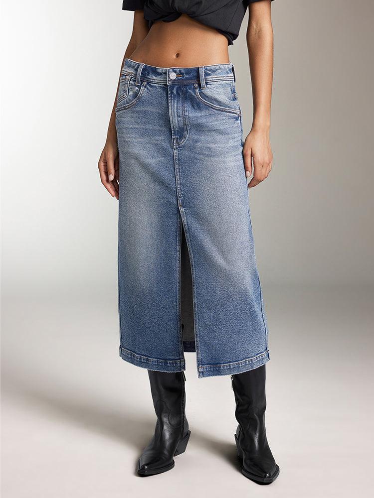 miss sixty SLIT DENIM MAXI SKIRT IN BLUE DEEP BLUE