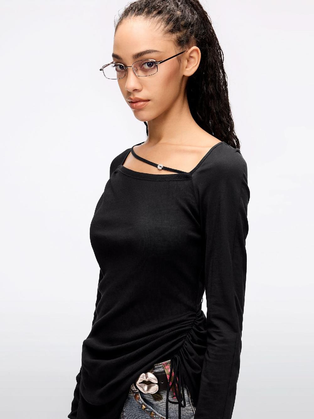 Miss Sixty SQUARE NECK DRAWSTRING T-SHIRT BLACK