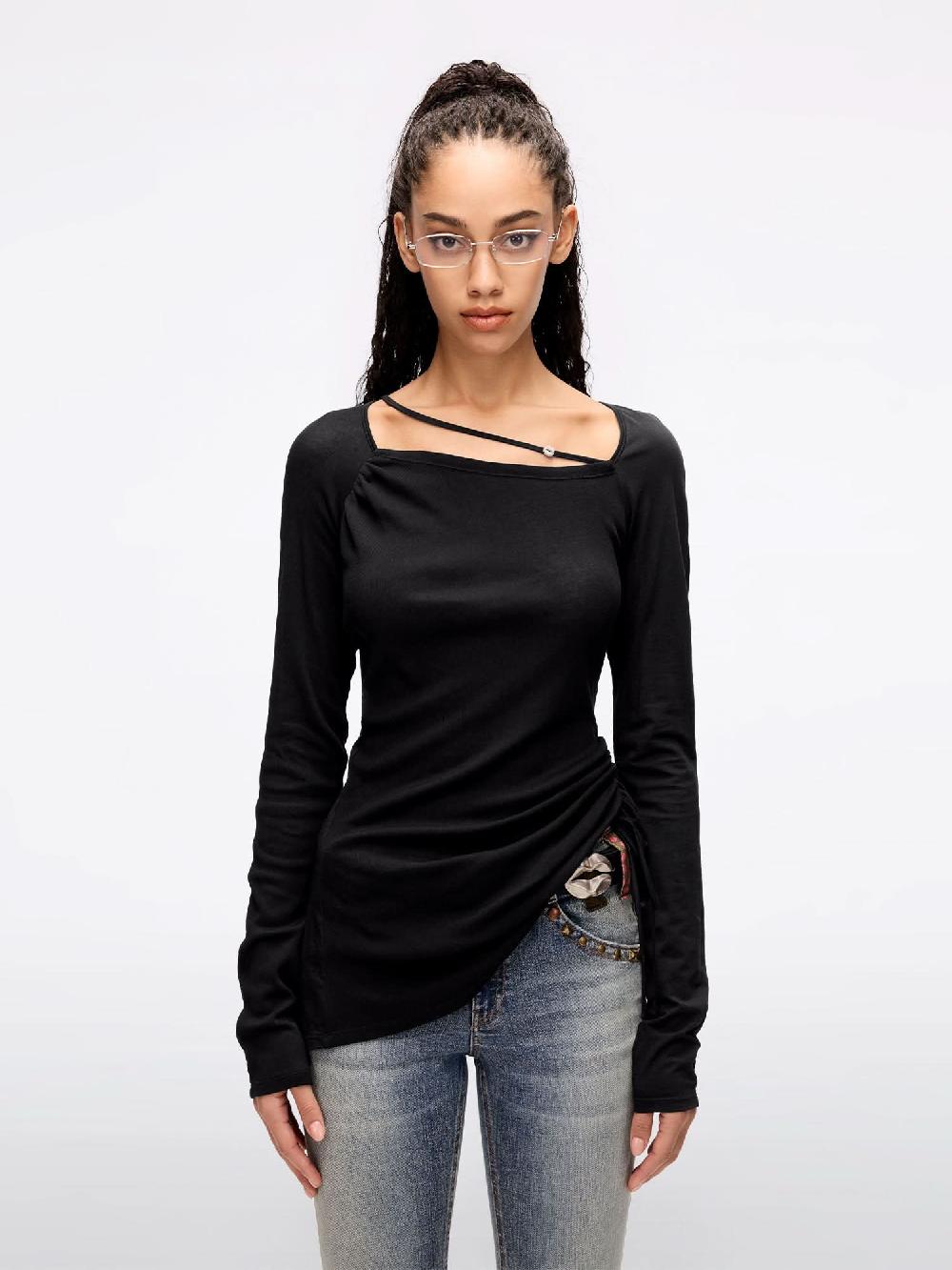 miss sixty SQUARE NECK DRAWSTRING T-SHIRT BLACK