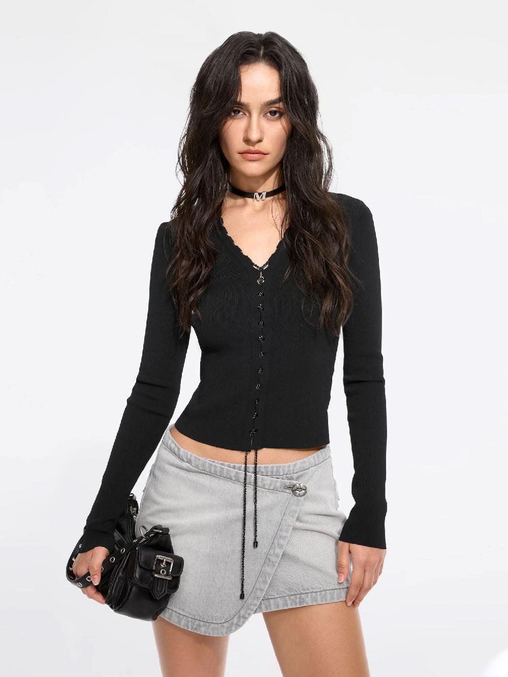 miss sixty V-NECK CROPPED KNIT TOP BLACK