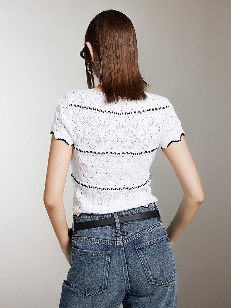 Miss Sixty V-NECK HOLLOW CROCHET TOP WHITE/BLACK