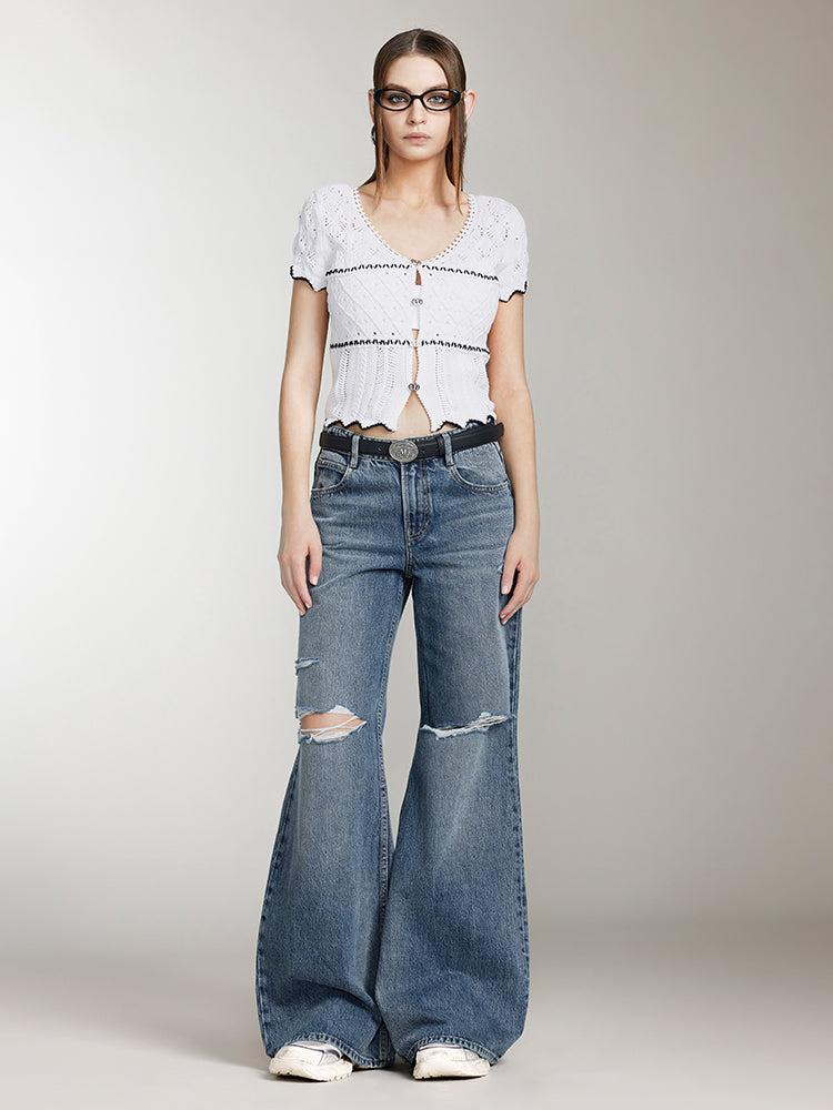 Miss Sixty V-NECK HOLLOW CROCHET TOP WHITE/BLACK