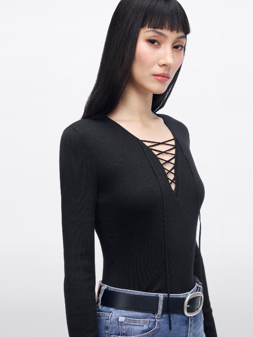 Miss Sixty V-NECK SWEATER WITH TIES BLACK