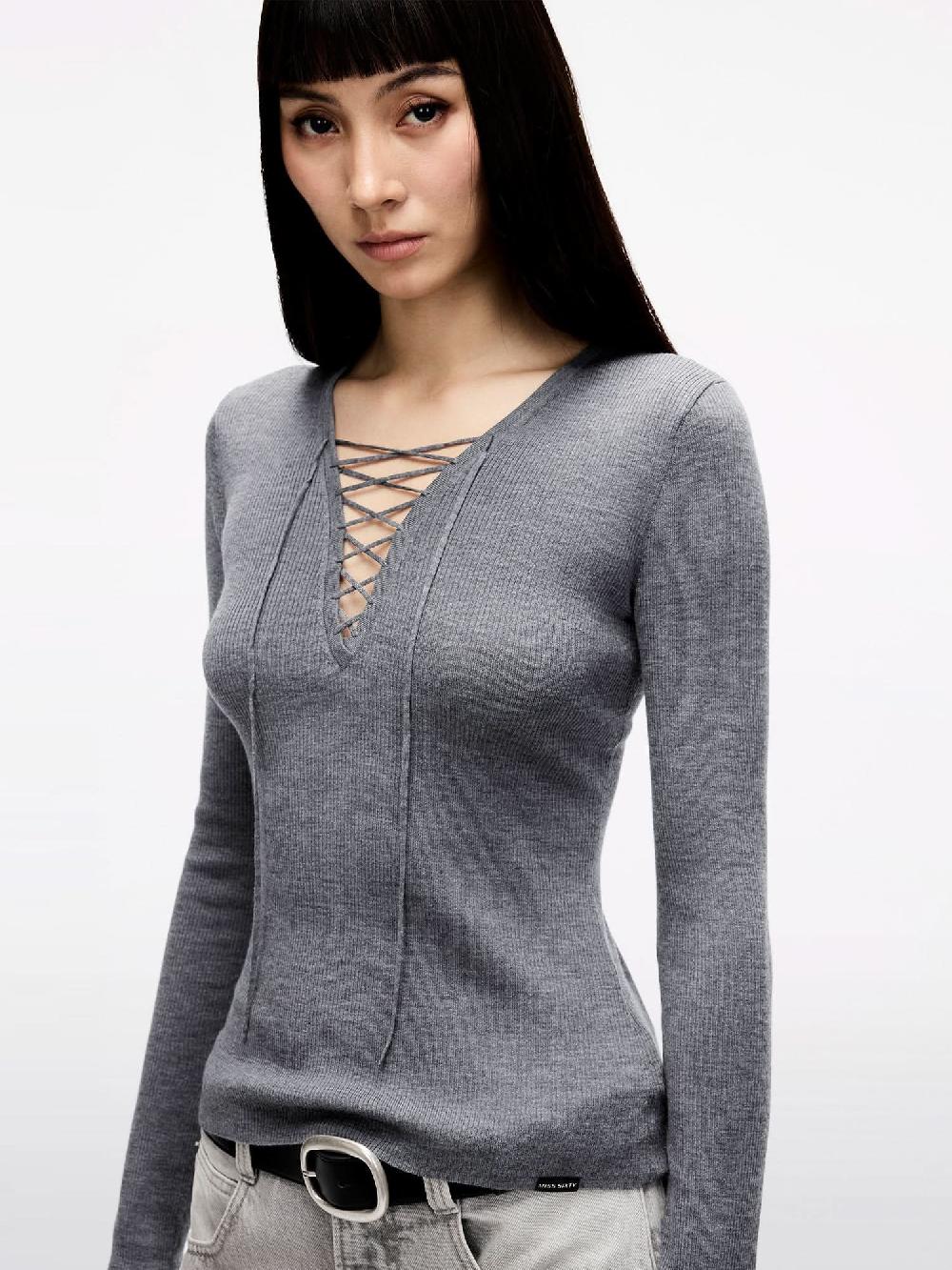 Miss Sixty V-NECK SWEATER WITH TIES HEATHER GREY