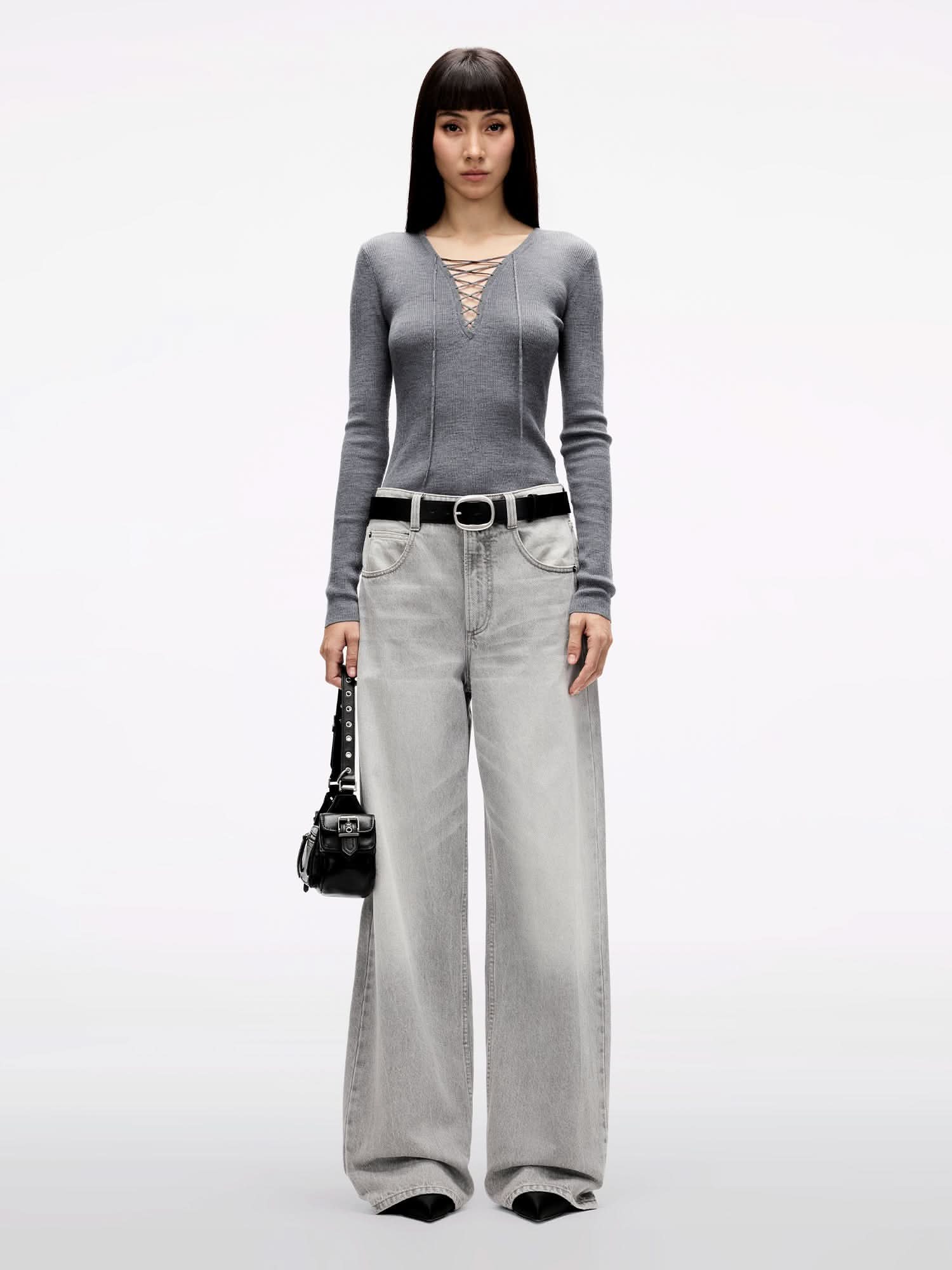 Miss Sixty V-NECK SWEATER WITH TIES HEATHER GREY