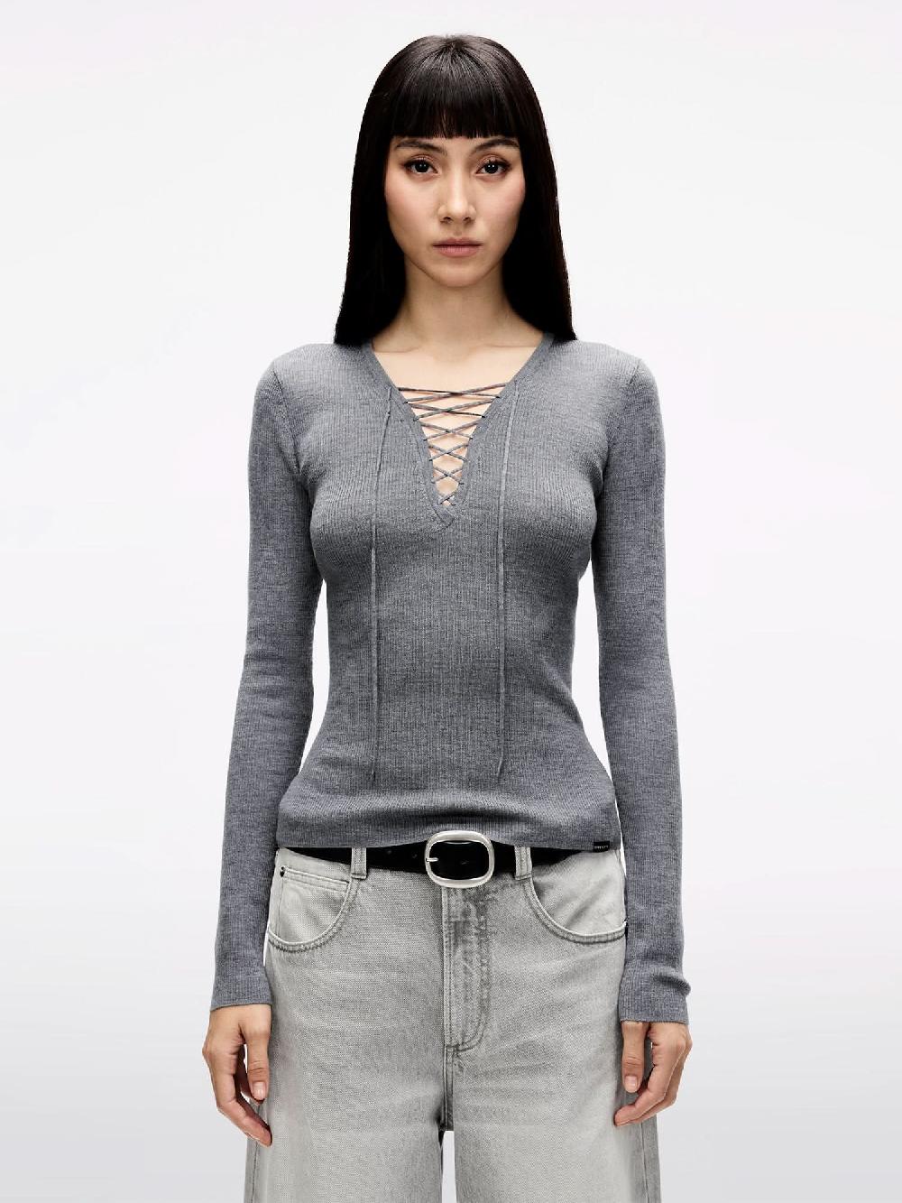 miss sixty V-NECK SWEATER WITH TIES HEATHER GREY