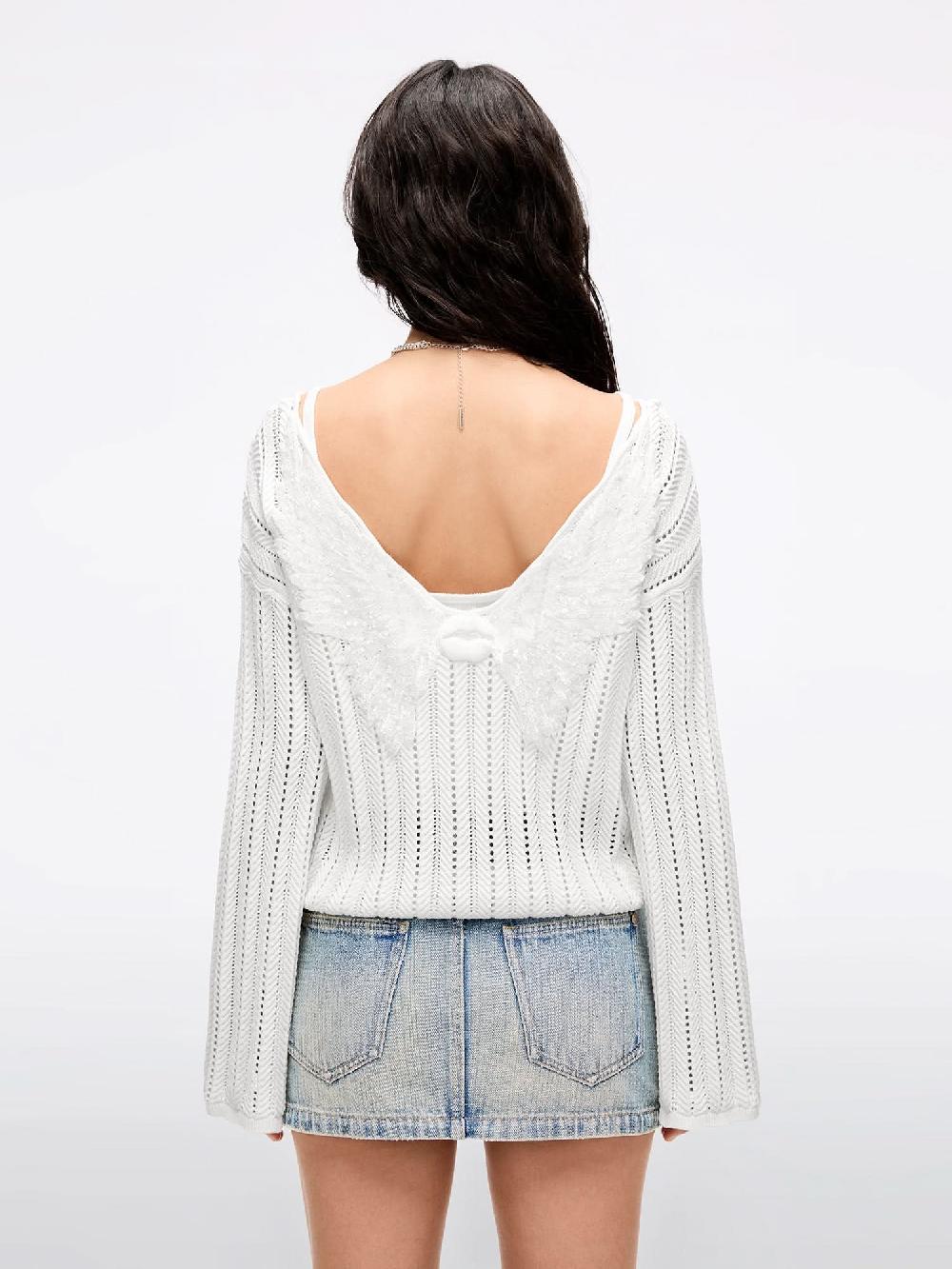 Miss Sixty WING-EMBELLISHED BEADED KNIT TOP WHITE
