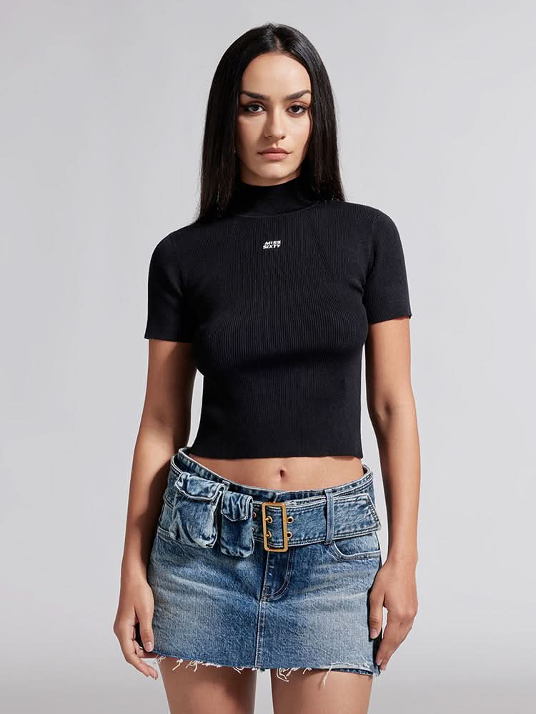 miss sixty MOCK TURTLENECK EMBROIDERED KNIT TOP BLACK
