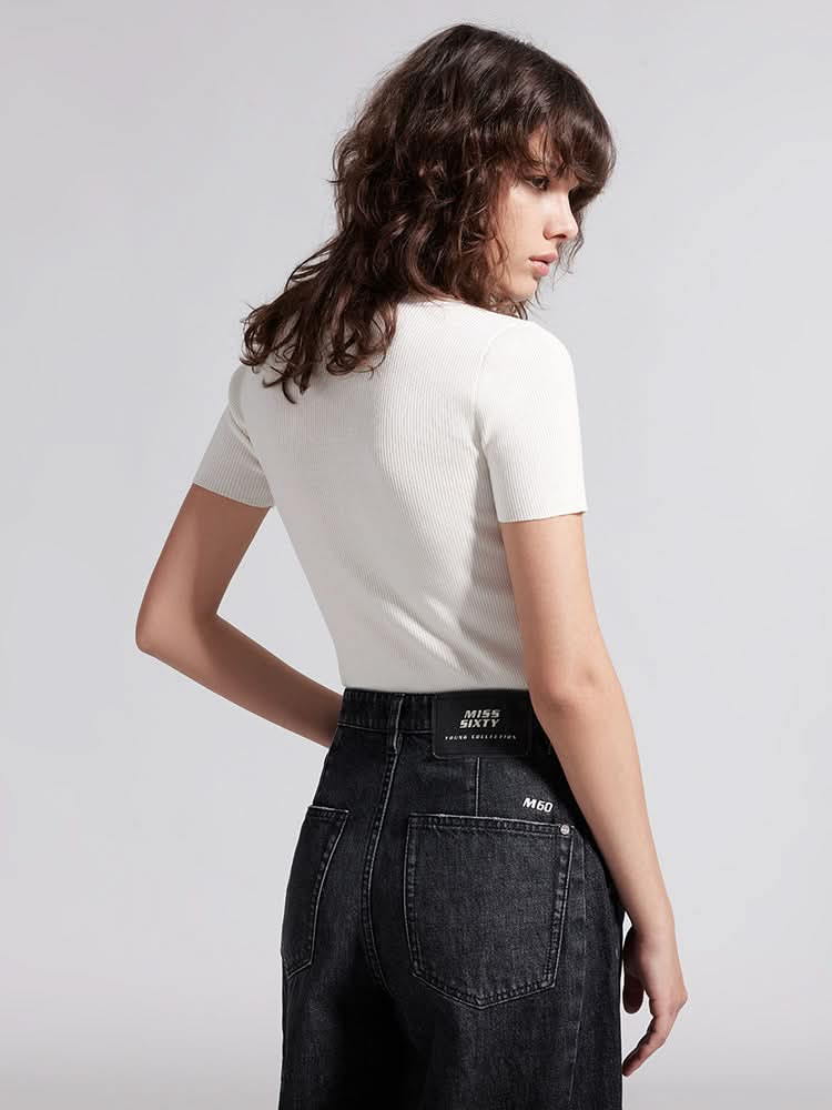 Miss Sixty MOCK TURTLENECK EMBROIDERED KNIT TOP WHITE