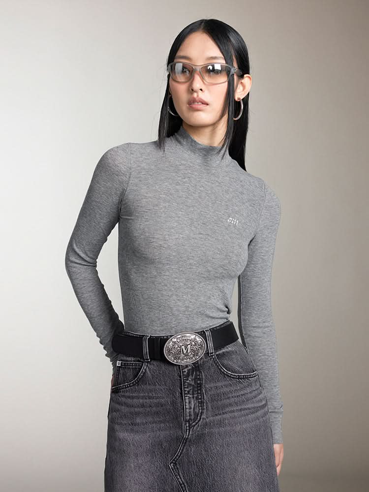miss sixty MOCK TURTLENECK PRINTED LONG SLEEVES T-SHIRT HEATHER GREY