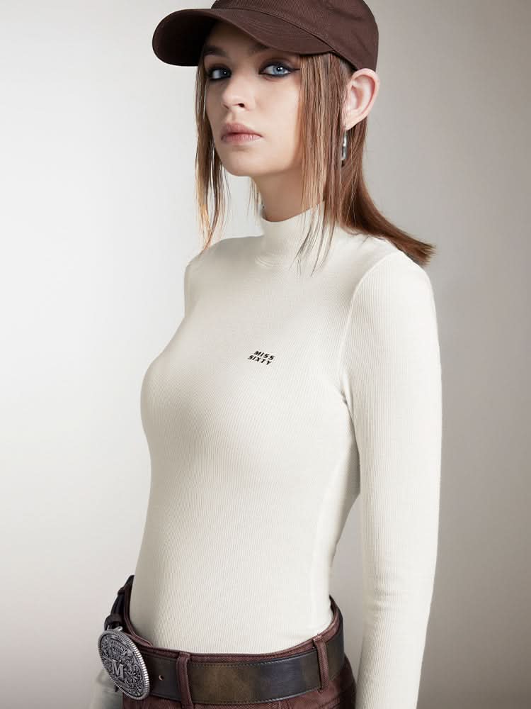 Miss Sixty MOCK TURTLENECK PRINTED LONG SLEEVES T-SHIRT OFF WHITE