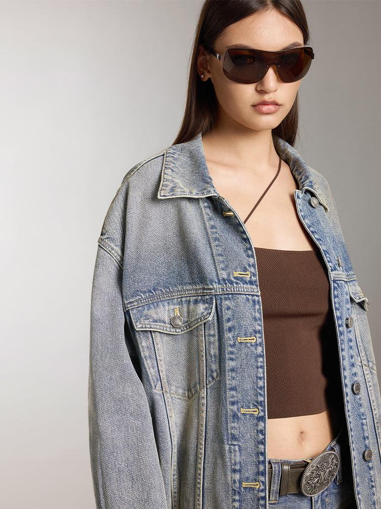 Miss Sixty MUD-DYED DISTRESSED DENIM JACKET GREY BLUE