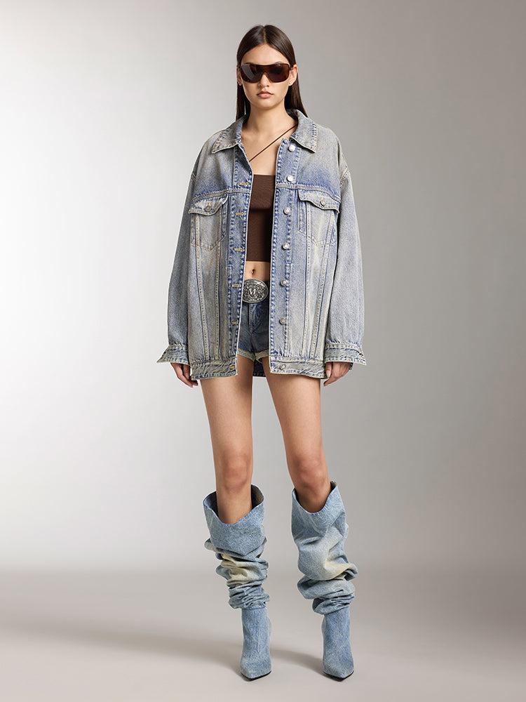 Miss Sixty MUD-DYED DISTRESSED DENIM JACKET GREY BLUE