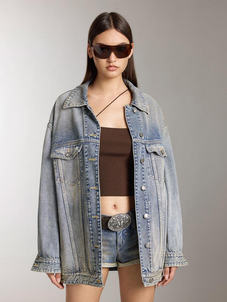 miss sixty MUD-DYED DISTRESSED DENIM JACKET GREY BLUE