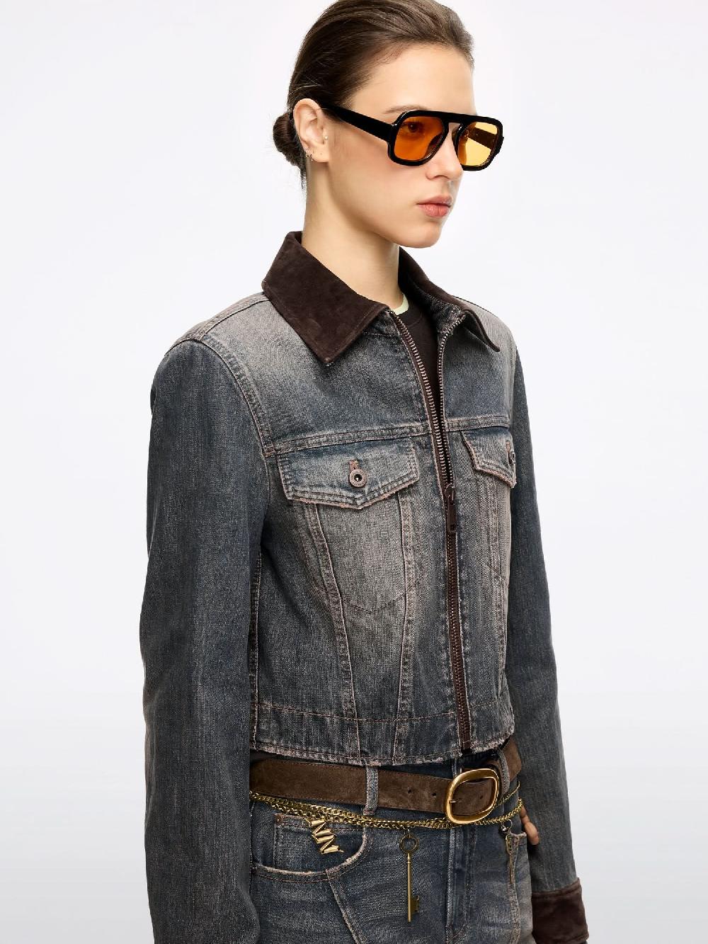 Miss Sixty PATCHWORK LEATHER DENIM JACKET RETRO BLUE