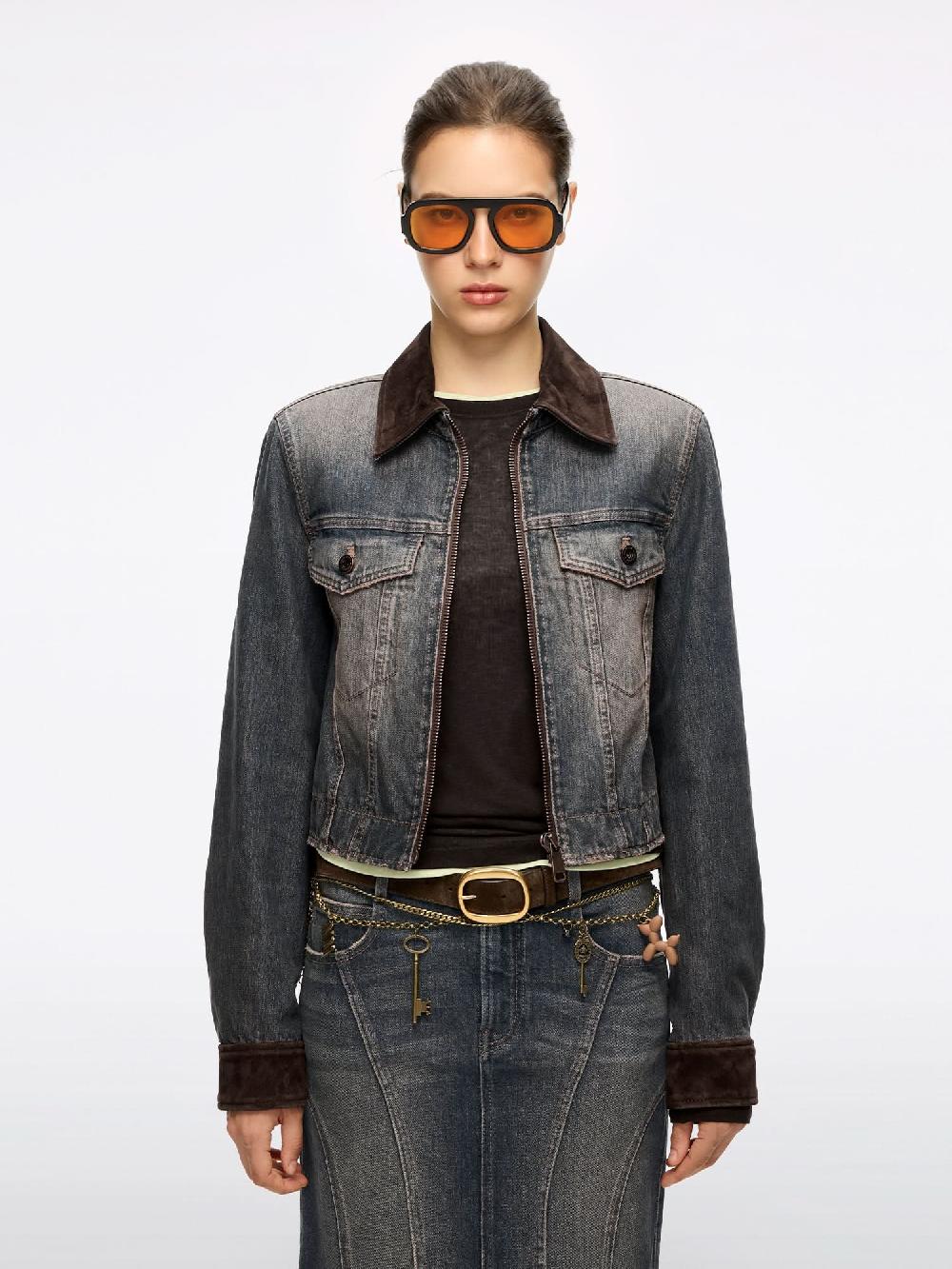 miss sixty PATCHWORK LEATHER DENIM JACKET RETRO BLUE