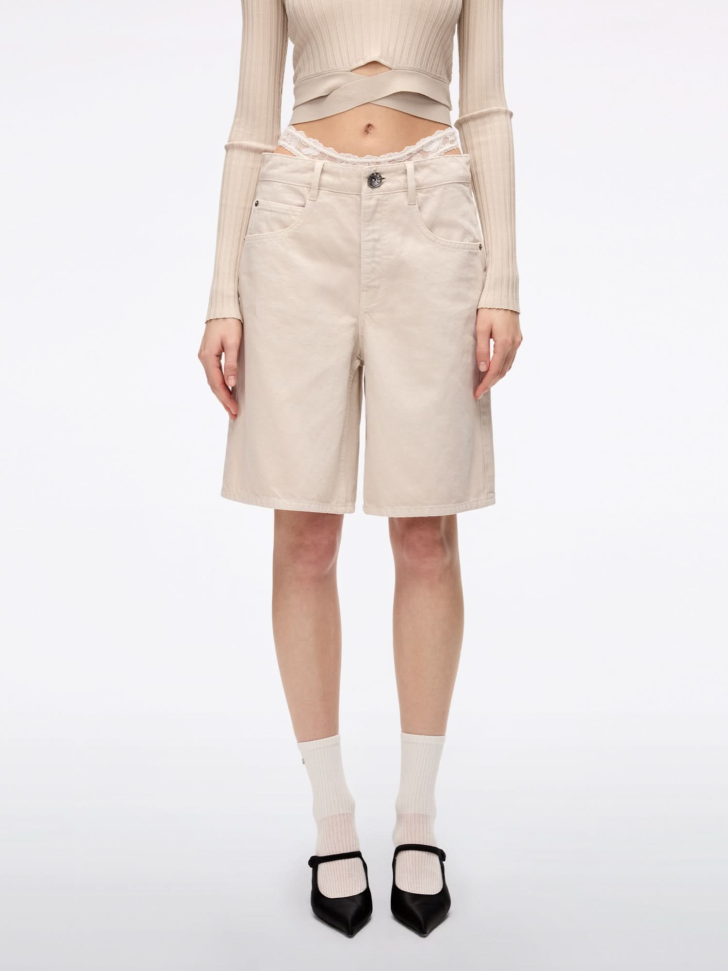 miss sixty PATCHWORK WAIST DENIM SHORTS METERS APRICOT