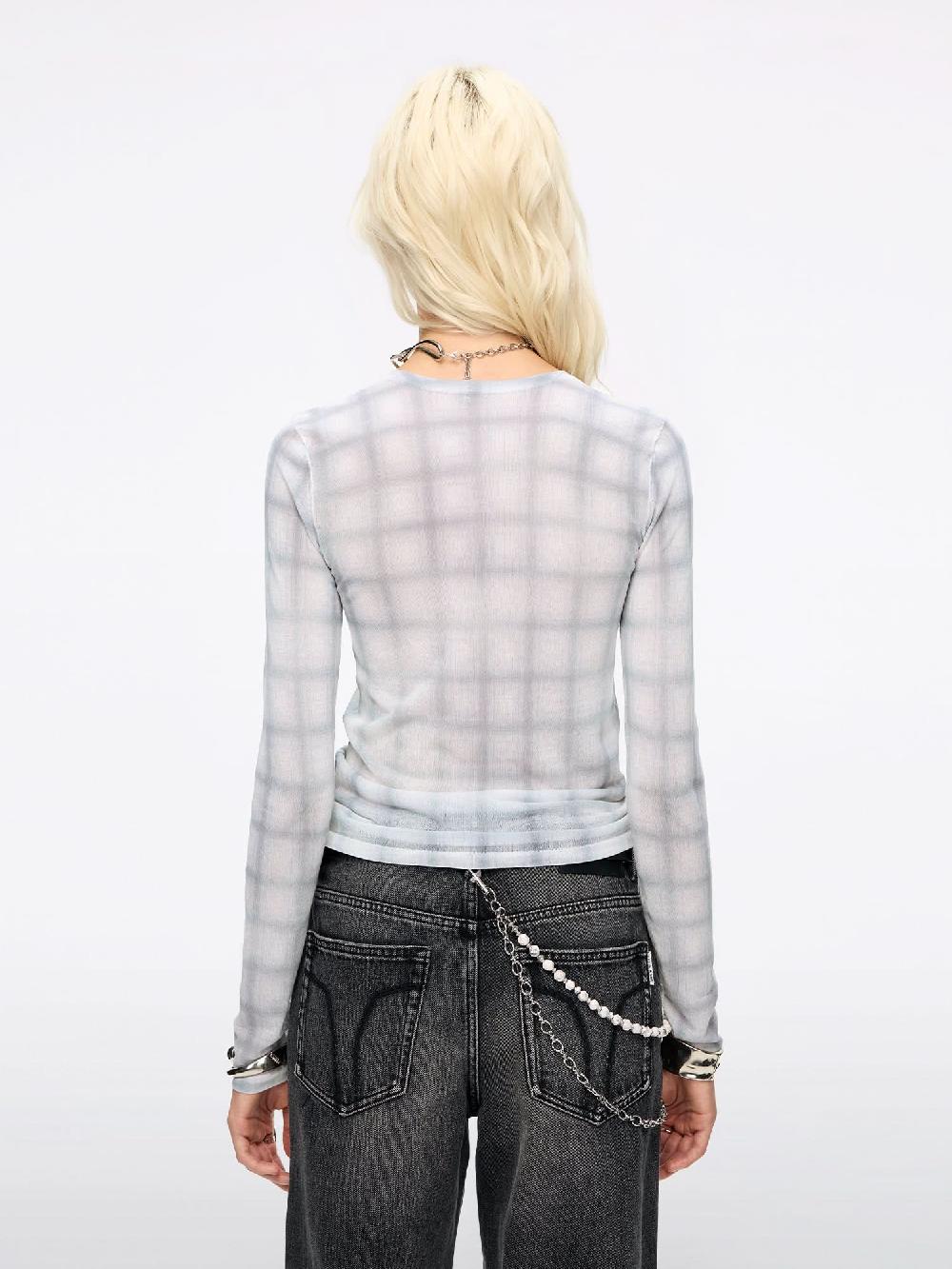 Miss Sixty PLAID LIP PRINT KNIT TOP GRAY WHITE GRID