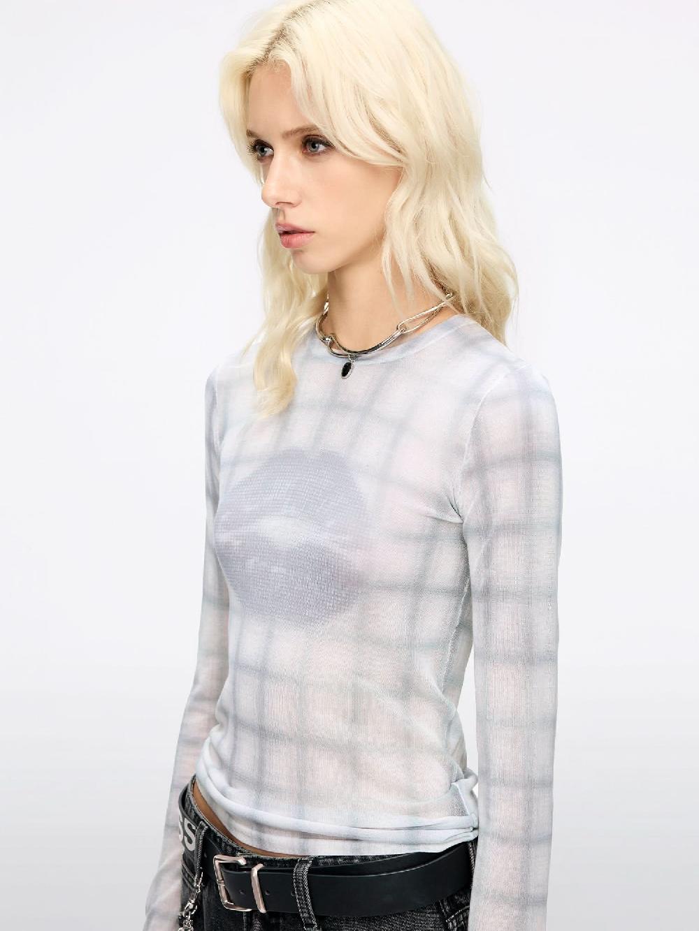 Miss Sixty PLAID LIP PRINT KNIT TOP GRAY WHITE GRID