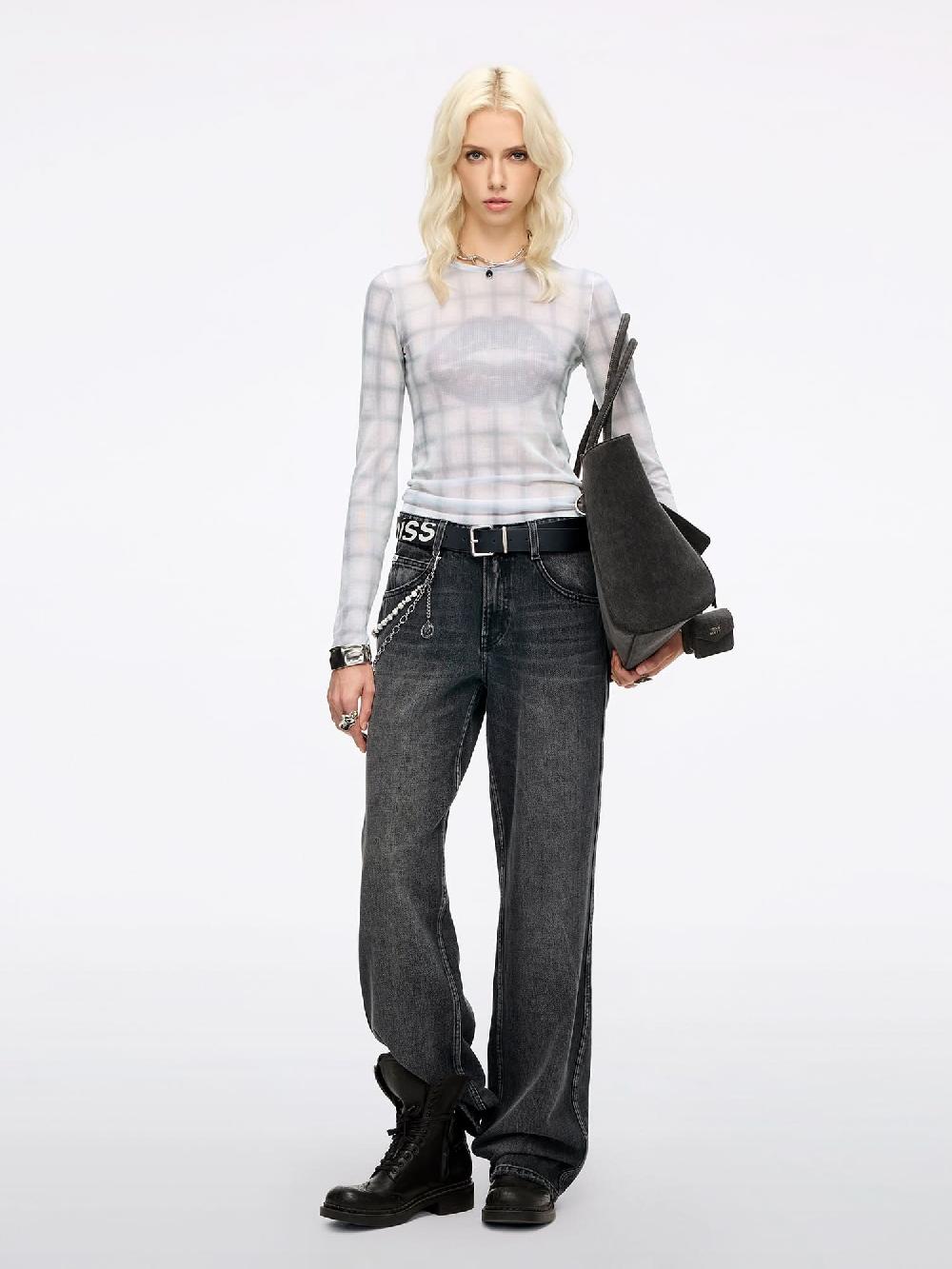 Miss Sixty PLAID LIP PRINT KNIT TOP GRAY WHITE GRID