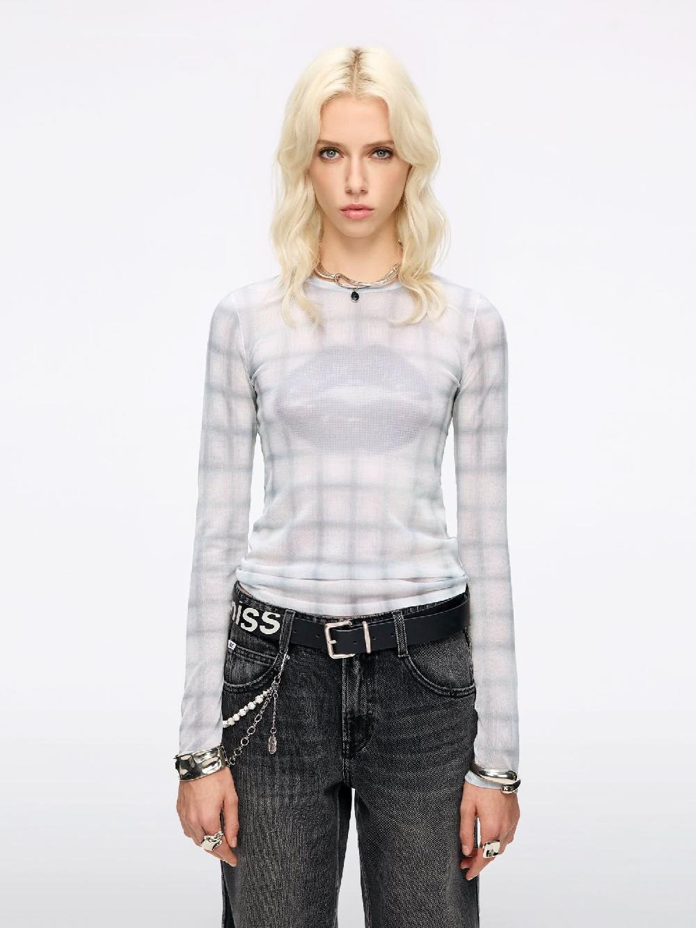 miss sixty PLAID LIP PRINT KNIT TOP GRAY WHITE GRID