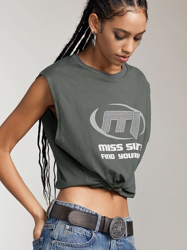 Miss Sixty PRINTED CREW NECK SLEEVELESS T-SHIRT ARMY GREEN