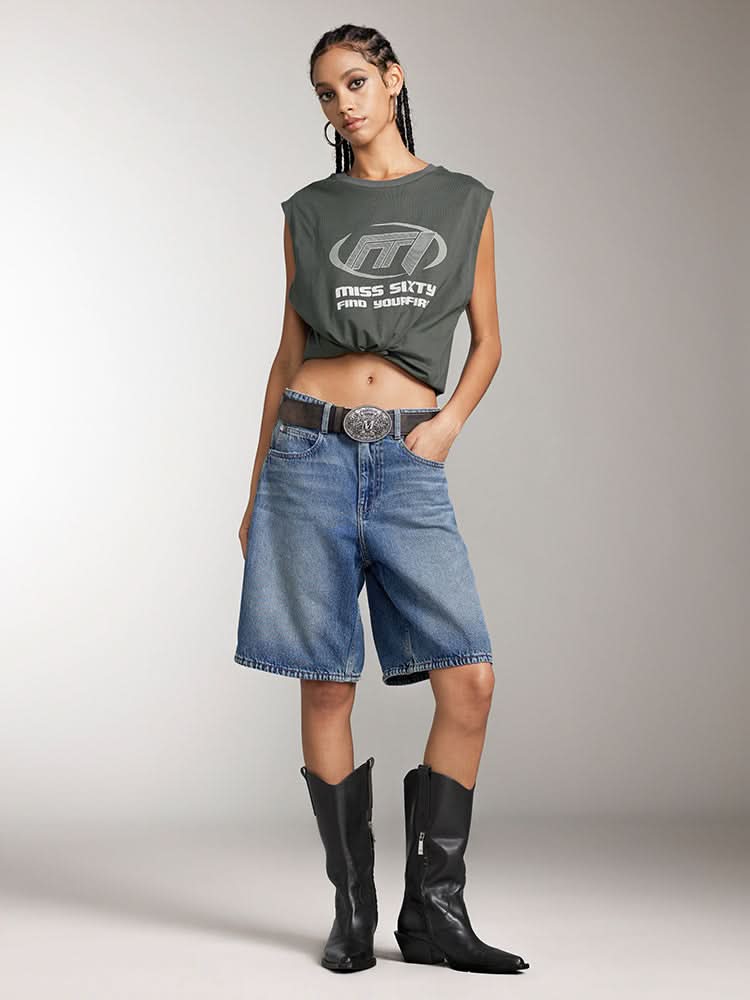 Miss Sixty PRINTED CREW NECK SLEEVELESS T-SHIRT ARMY GREEN