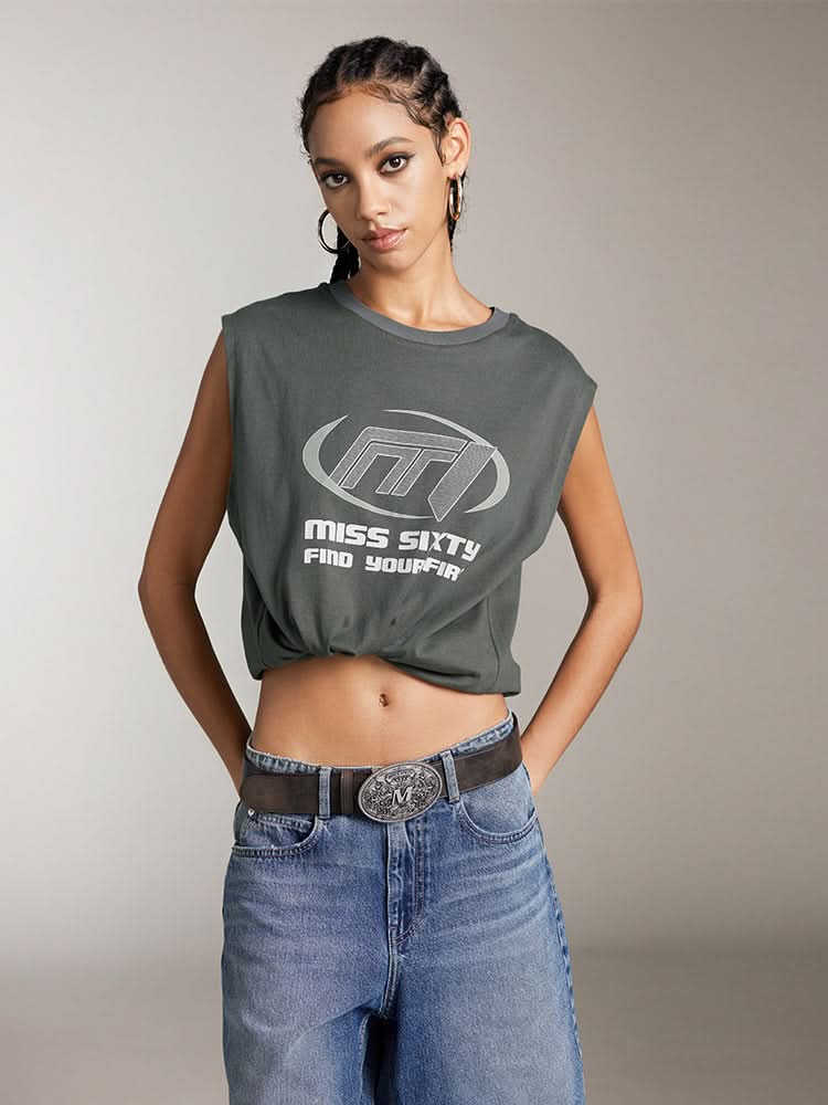 miss sixty PRINTED CREW NECK SLEEVELESS T-SHIRT ARMY GREEN