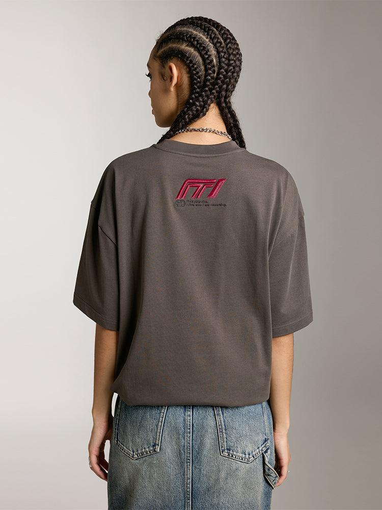 Miss Sixty RELAXED SHORT SLEEVES T-SHIRT WITH RACING-INSPIRED EMBROIDERED DARK GREY