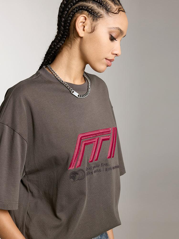 Miss Sixty RELAXED SHORT SLEEVES T-SHIRT WITH RACING-INSPIRED EMBROIDERED DARK GREY