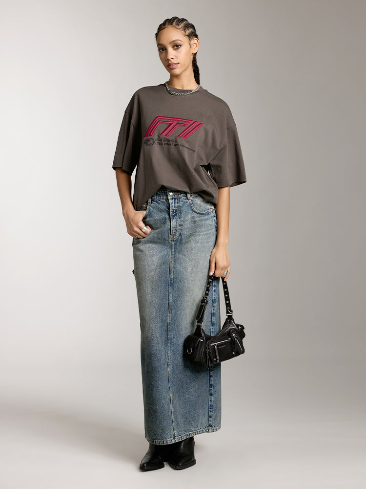 Miss Sixty RELAXED SHORT SLEEVES T-SHIRT WITH RACING-INSPIRED EMBROIDERED DARK GREY