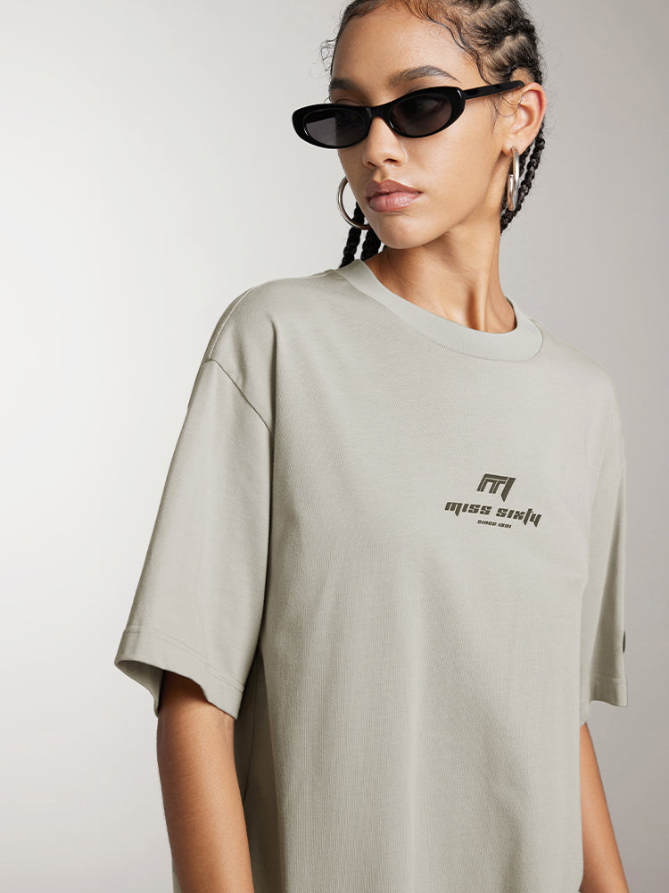 Miss Sixty RELAXED SHORT SLEEVES T-SHIRT WITH RACING-INSPIRED PRINT LIGHT GREY GREEN