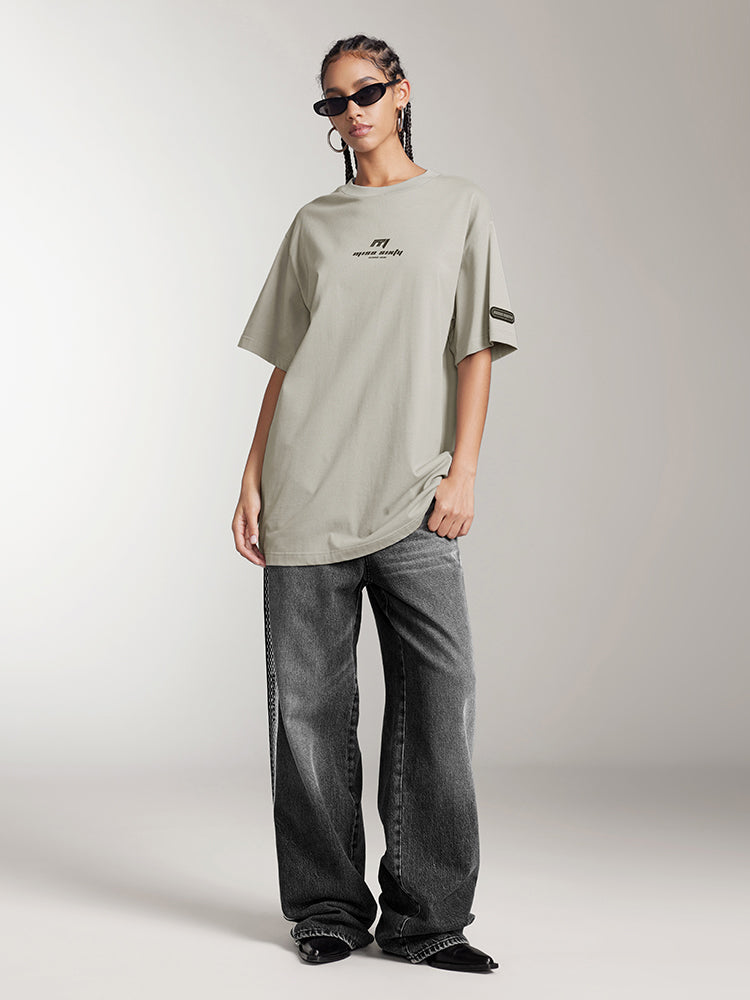 Miss Sixty RELAXED SHORT SLEEVES T-SHIRT WITH RACING-INSPIRED PRINT LIGHT GREY GREEN