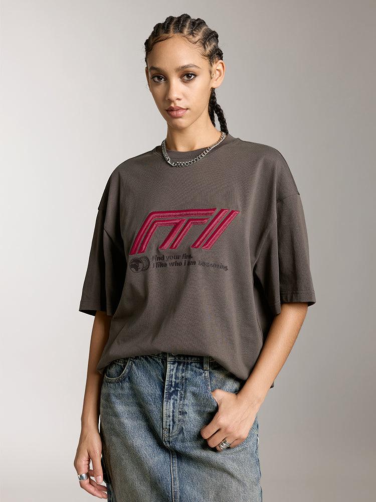 miss sixty RELAXED SHORT SLEEVES T-SHIRT WITH RACING-INSPIRED EMBROIDERED DARK GREY