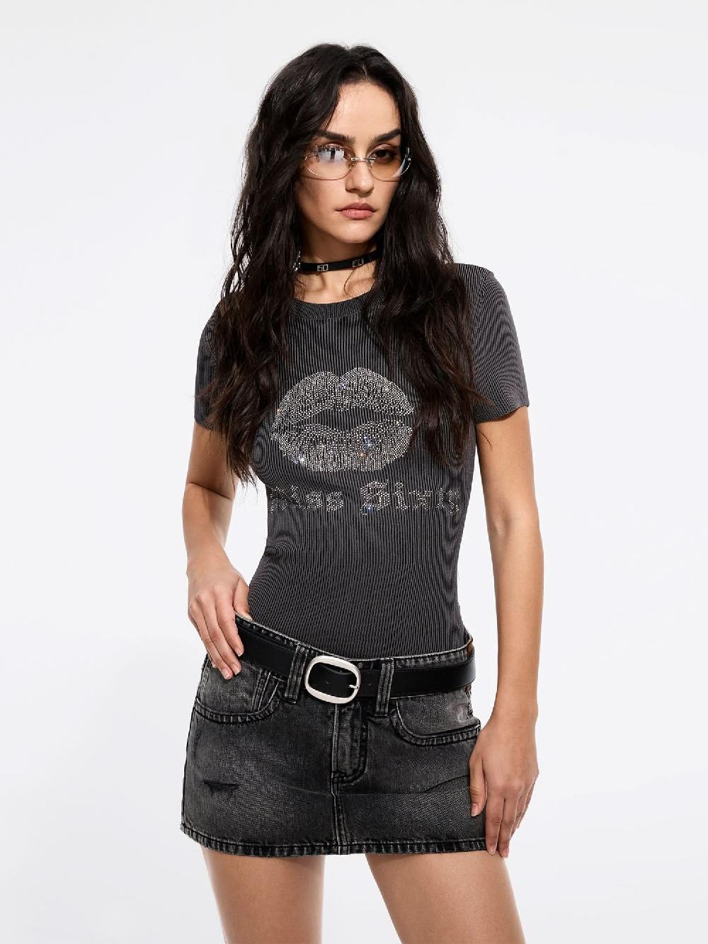 miss sixty RHINESTONE-EMBELLISHED KNIT TOP BLACK FOG