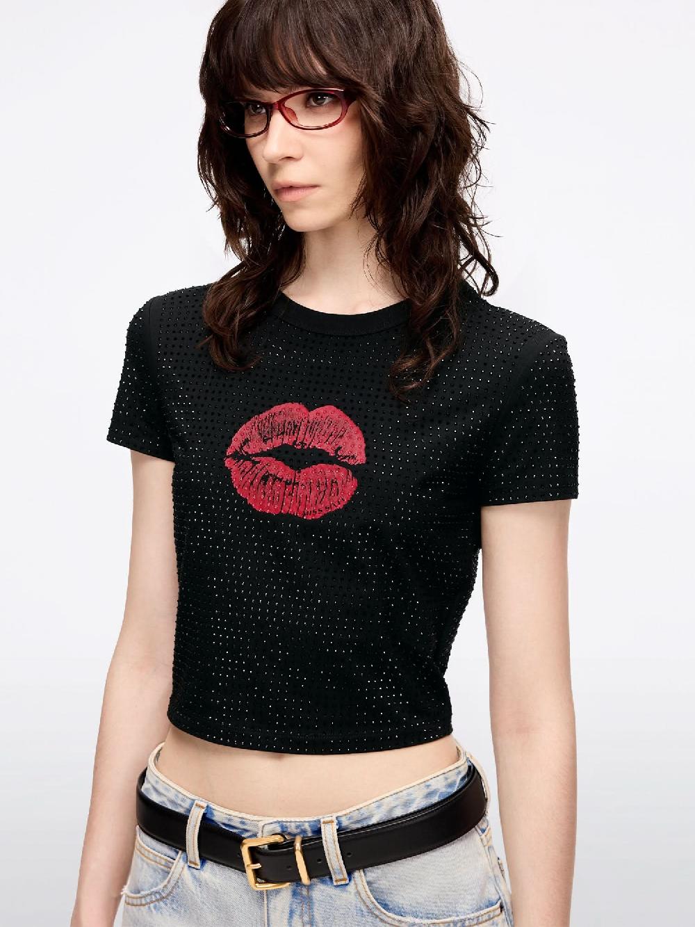 Miss Sixty RHINESTONE-EMBELLISHED LIP PRINT T-SHIRT BLACK