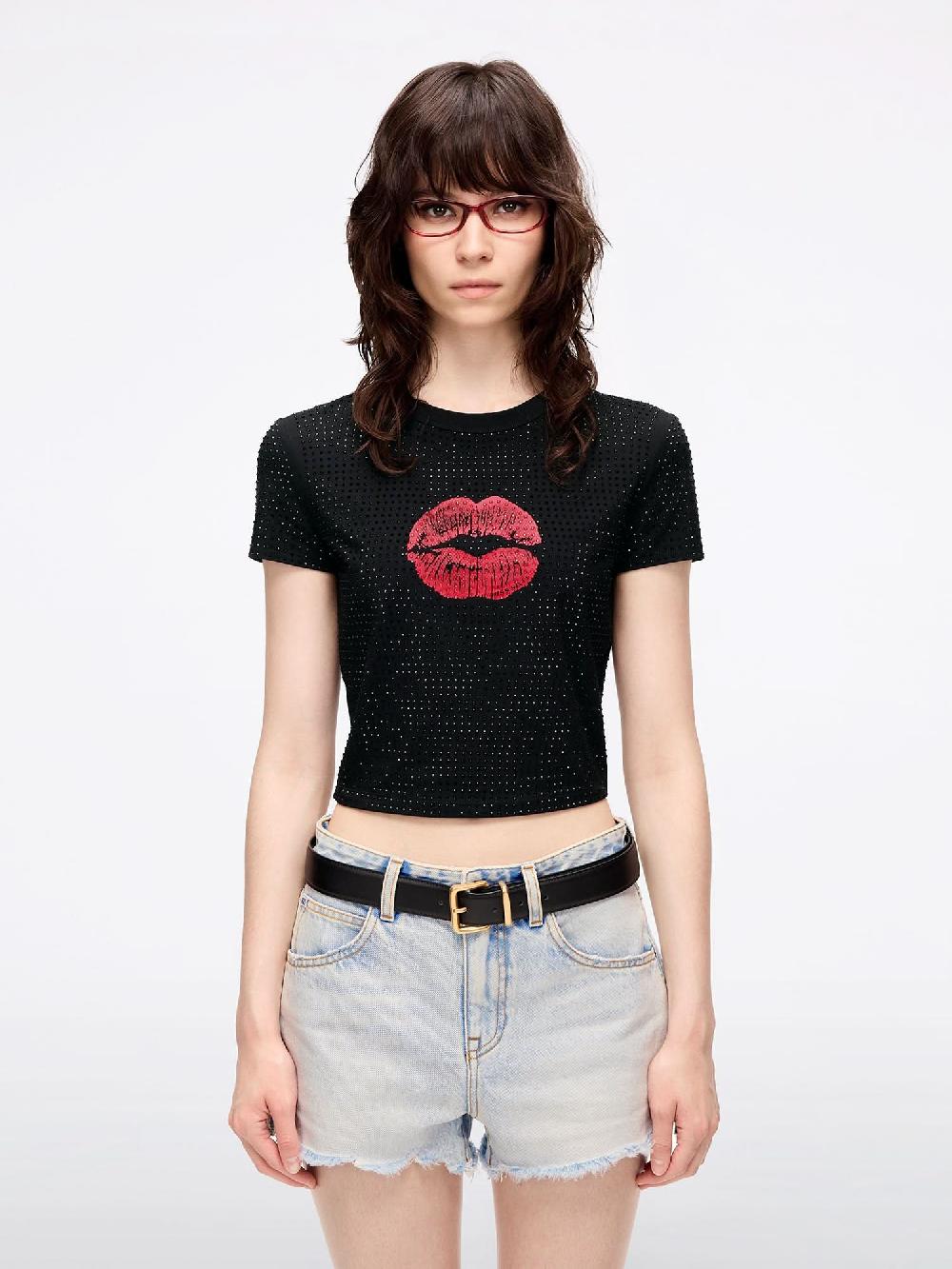 miss sixty RHINESTONE-EMBELLISHED LIP PRINT T-SHIRT BLACK