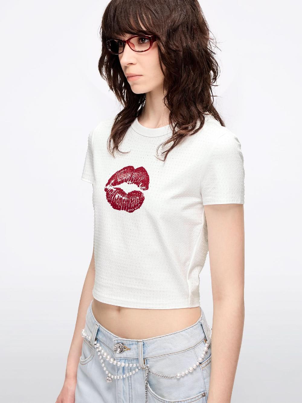 Miss Sixty RHINESTONE-EMBELLISHED LIP PRINT T-SHIRT BRIGHT WHITE