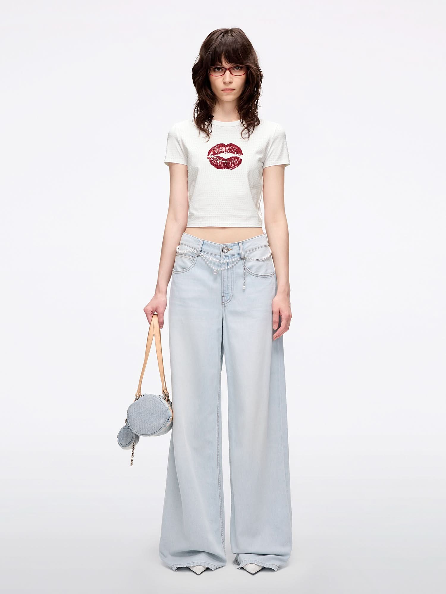 Miss Sixty RHINESTONE-EMBELLISHED LIP PRINT T-SHIRT BRIGHT WHITE