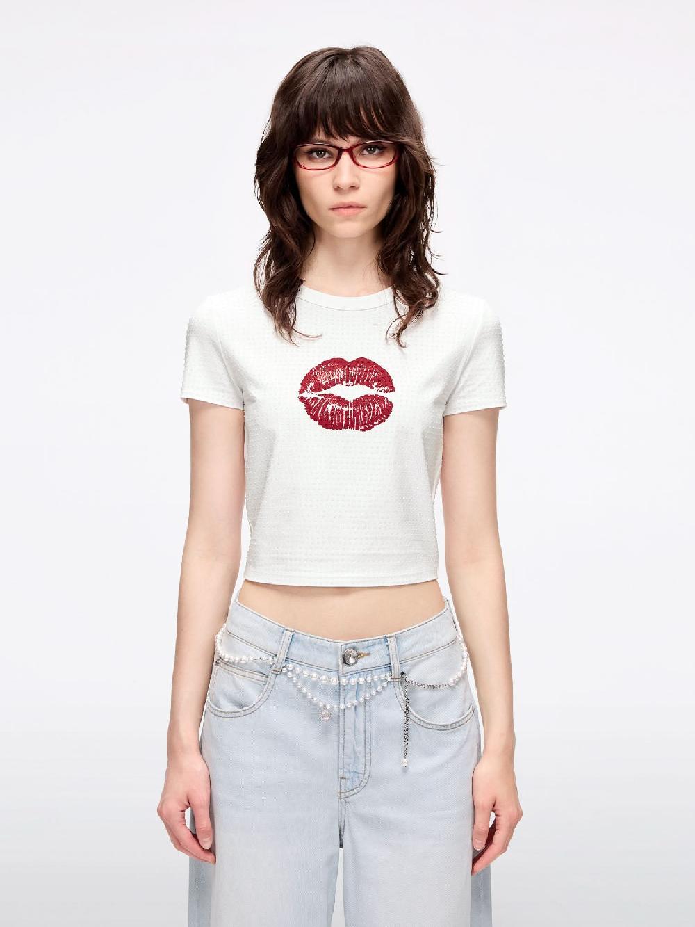 miss sixty RHINESTONE-EMBELLISHED LIP PRINT T-SHIRT BRIGHT WHITE