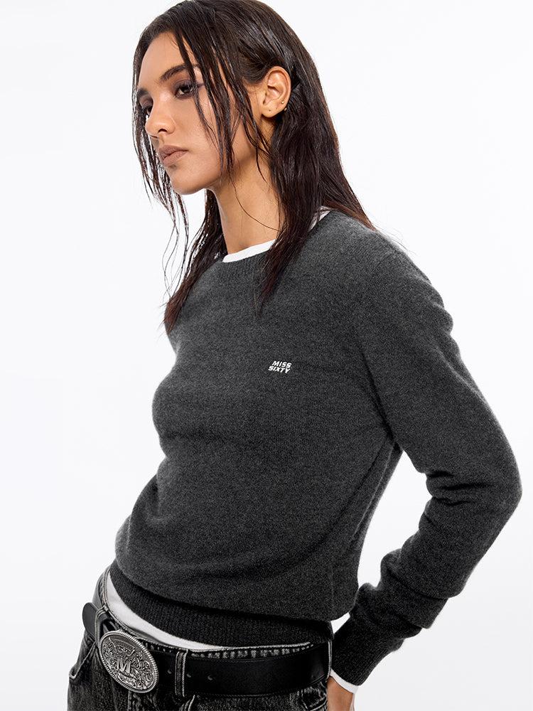 Miss Sixty ROUND NECK CASHMERE SWEATER WITH EMBROIDERED DARK HEATHER GREY