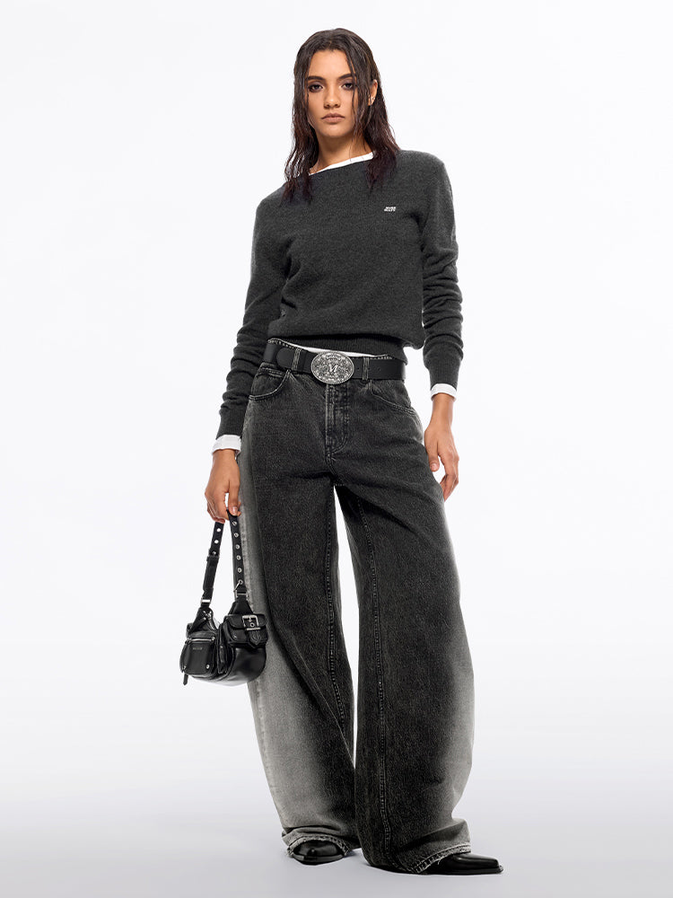 Miss Sixty ROUND NECK CASHMERE SWEATER WITH EMBROIDERED DARK HEATHER GREY