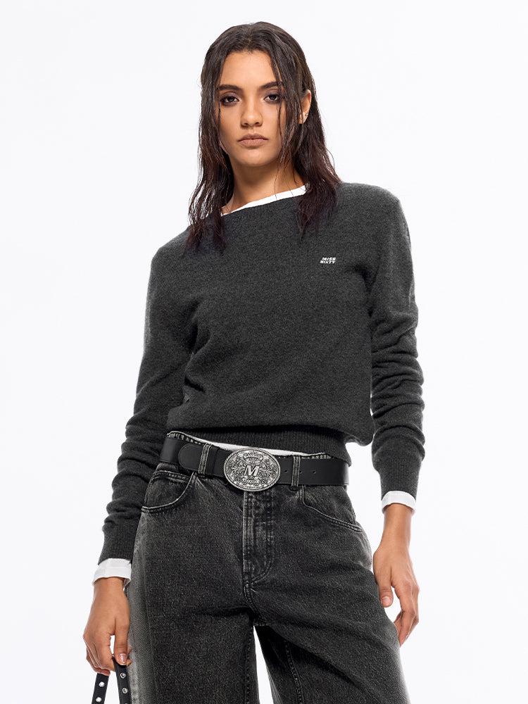 miss sixty ROUND NECK CASHMERE SWEATER WITH EMBROIDERED DARK HEATHER GREY