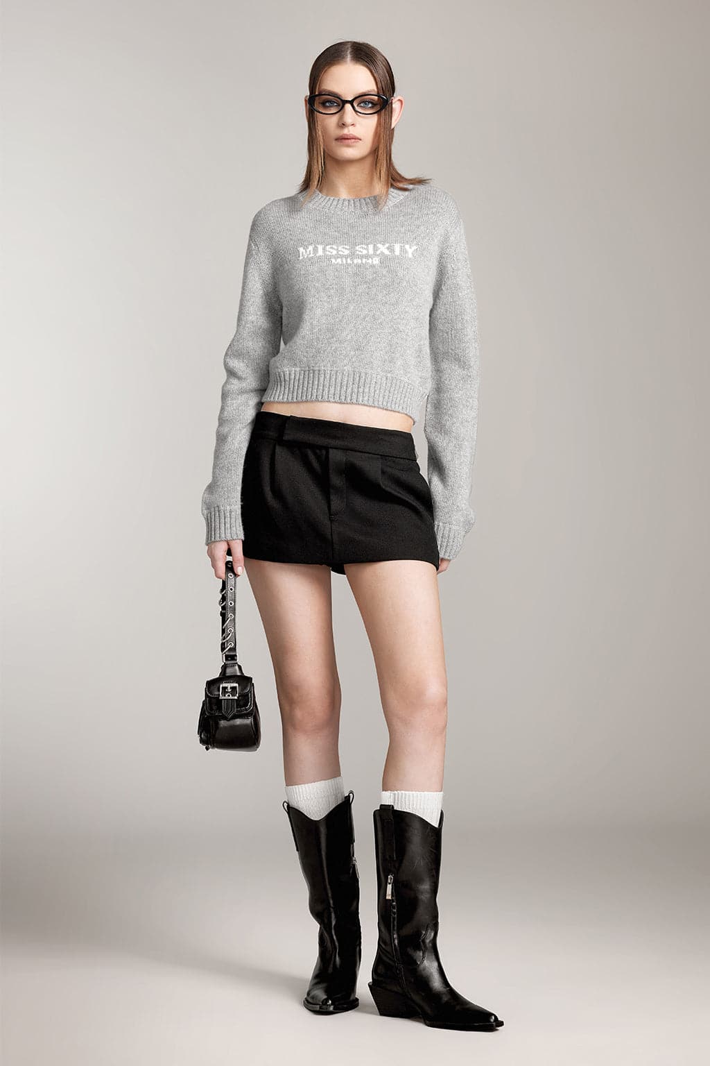 Miss Sixty ROUND NECK KNIT TOP WITH LOGO HEATHER GREY