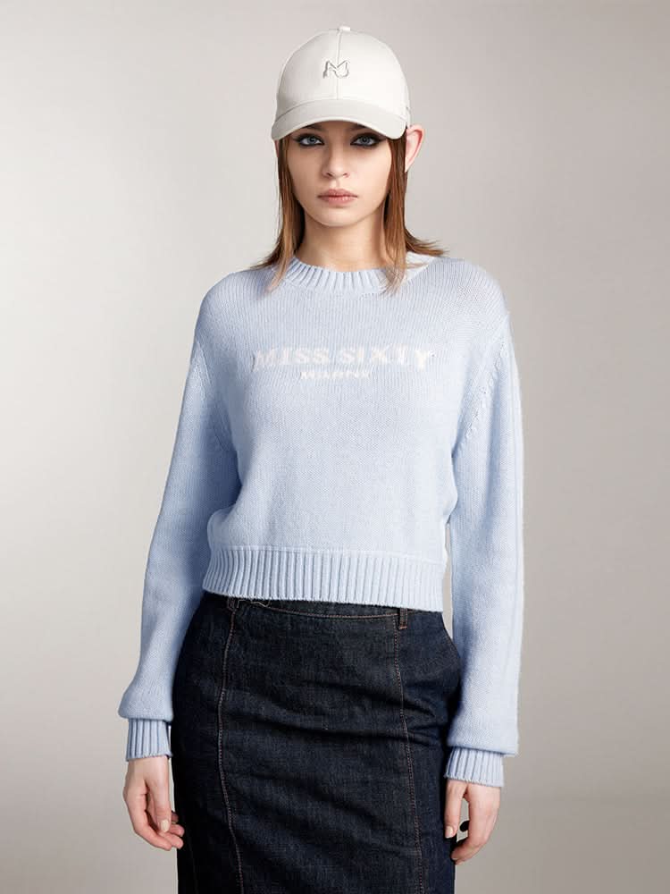 miss sixty ROUND NECK KNIT TOP WITH LOGO LIGHT BLUE