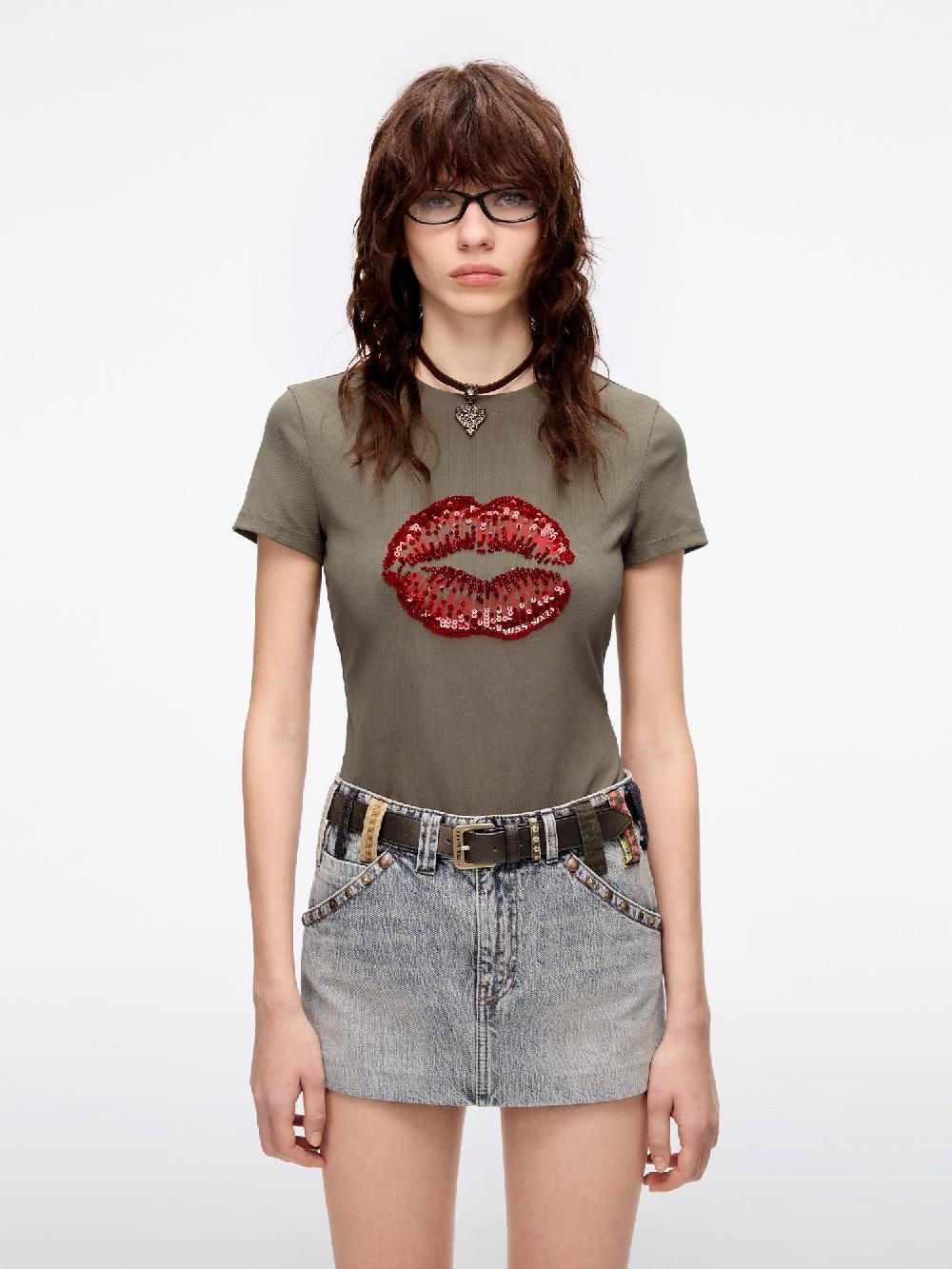 miss sixty ROUND NECK LIP PRINT T-SHIRT KHAKI GREEN